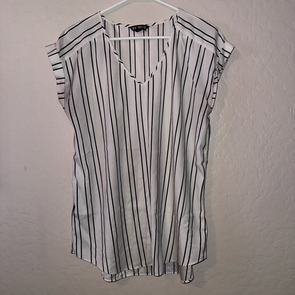 Express Black and White Striped V-Neck Blouse